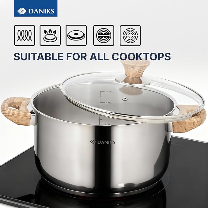 Daniks Oslo 10-Piece Stainless Steel Induction Cookware Set – Dishwasher Safe Saucepan, Frying Pan, Pots with Stay-Cool Handles, Glass Lids, Silver