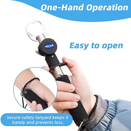 Fish Gripper with Scale – 33 lb Stainless Steel Fish Lip Gripper, EVA No-Slip Handle, Quick-Release Fish Lip Clamp, Adjustable Wrist Lanyard for Kayak, Boat & Bank Fishing