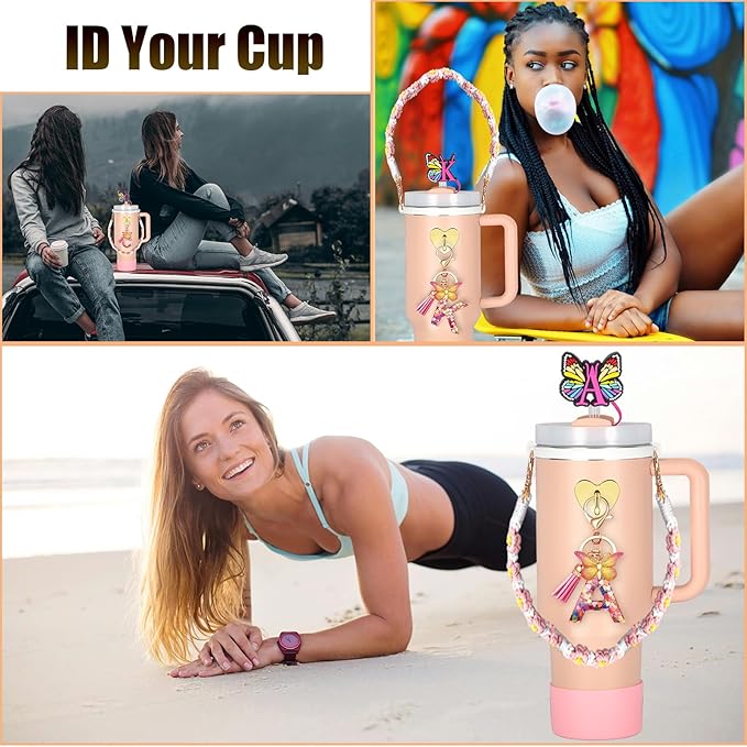 Stanley Cup Accessories Include Silicone Stanley Straw Cover, Butterfly Letter KeyChain Charms, Water Bottle Handle Strap, Boot and Chain for Stanley Cup 30oz 40oz Tumbler
