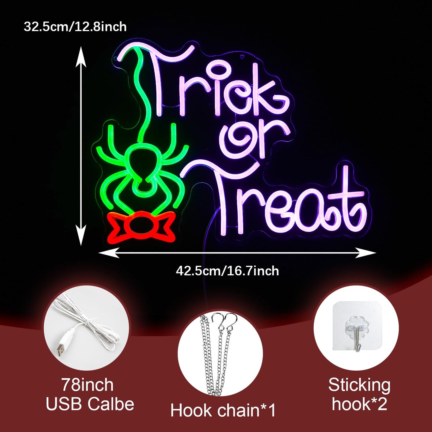 LIUOZHTEA Neon Sign - Trick Or Treat LED Light, Dimmable, Halloween Decor, 16.7 x 12.8 inches, Green Red Purple, Acrylic