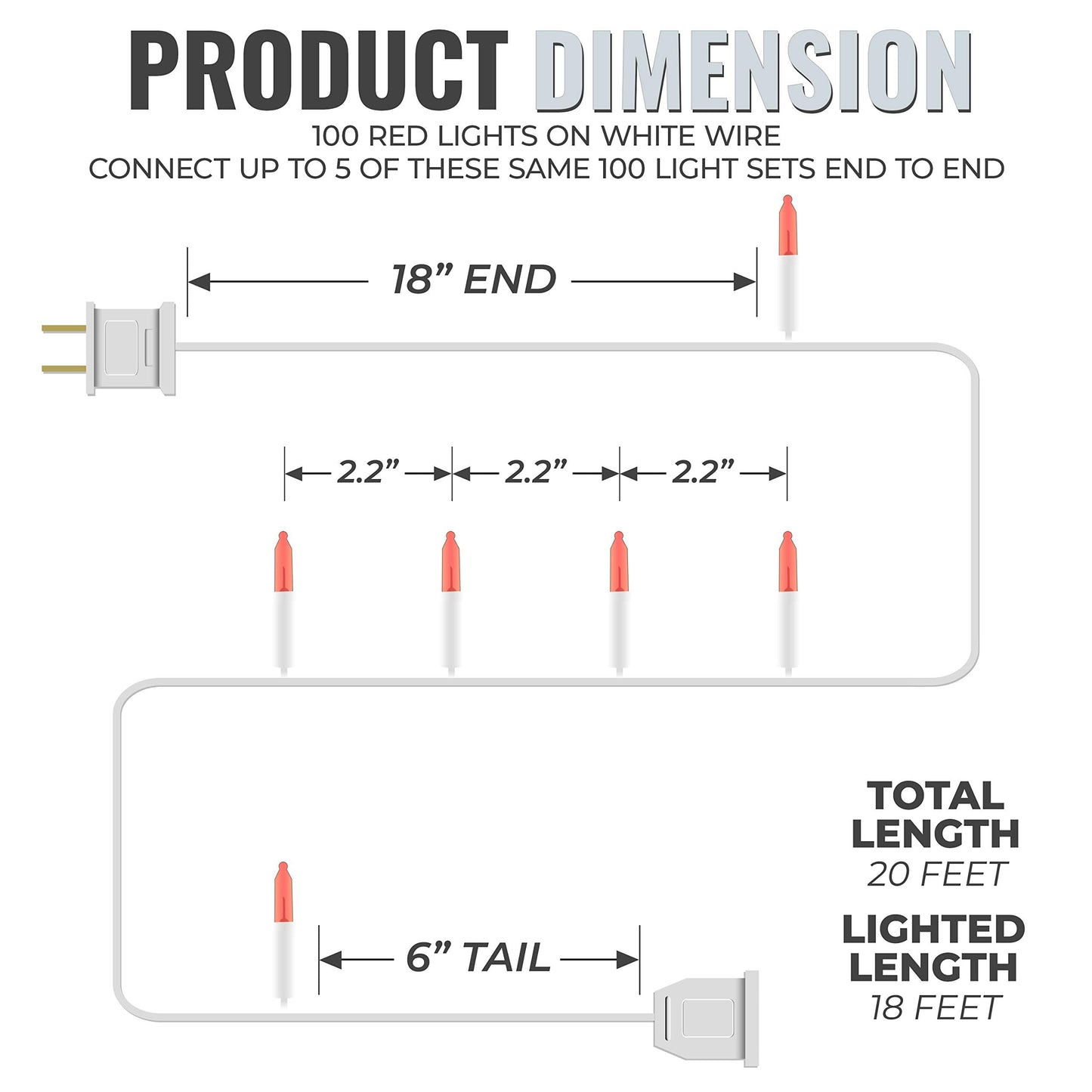 612 Vermont Red Christmas Lights, 18’ Lighted Length, 20’ Total Length, UL Approved, Indoor/Outdoor Use, Model LHS100-2(0.34)-LHM