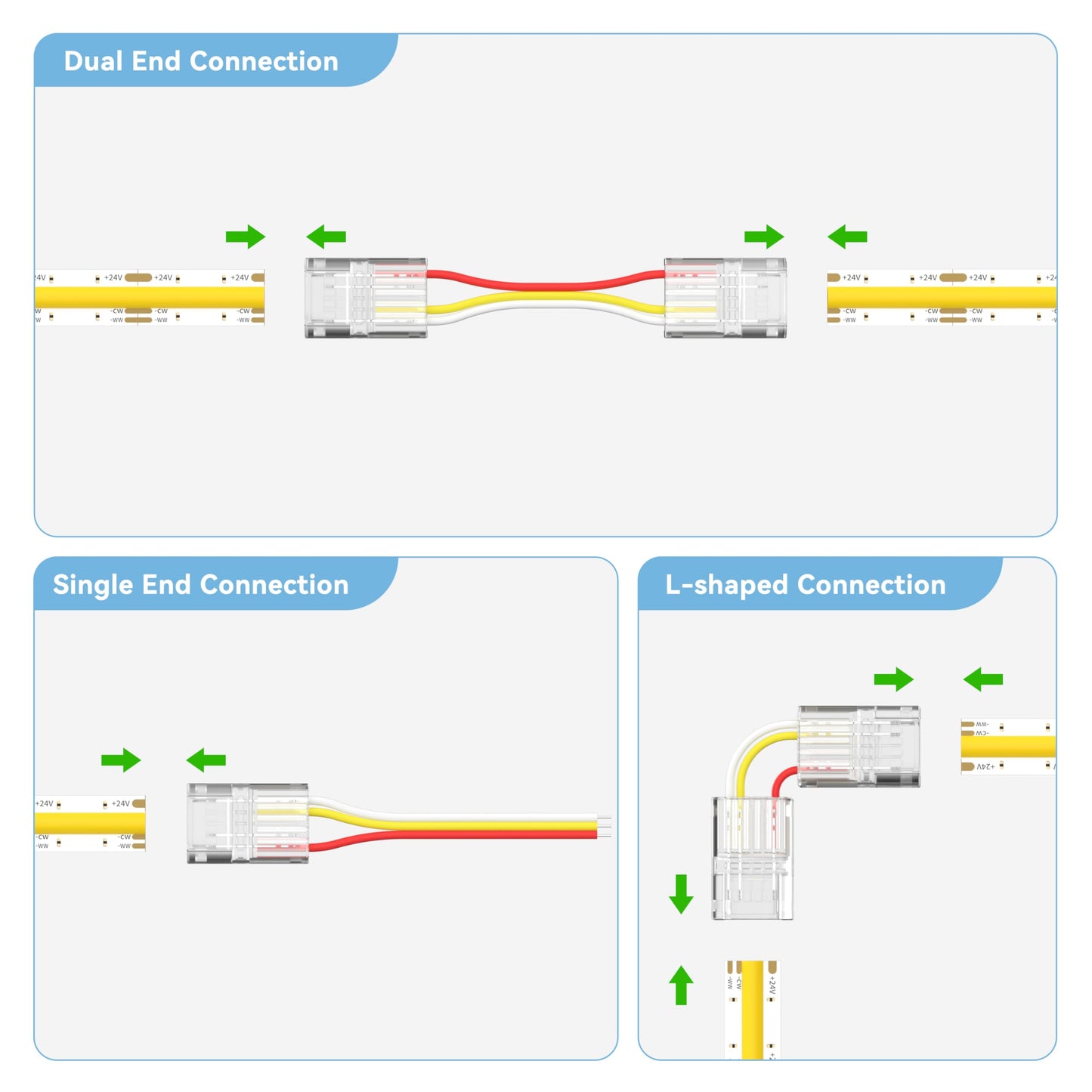 PAUTIX 10mm Connectors for 3-Pin CCT COB LED Strip Lights,20pcs Strip to Wire Connectors,10ft(305cm) Long 22AWG Extension 3 Wires for Non-Wired Gapless Solderless,5V 12V 24V LED Strip Lights Jumper