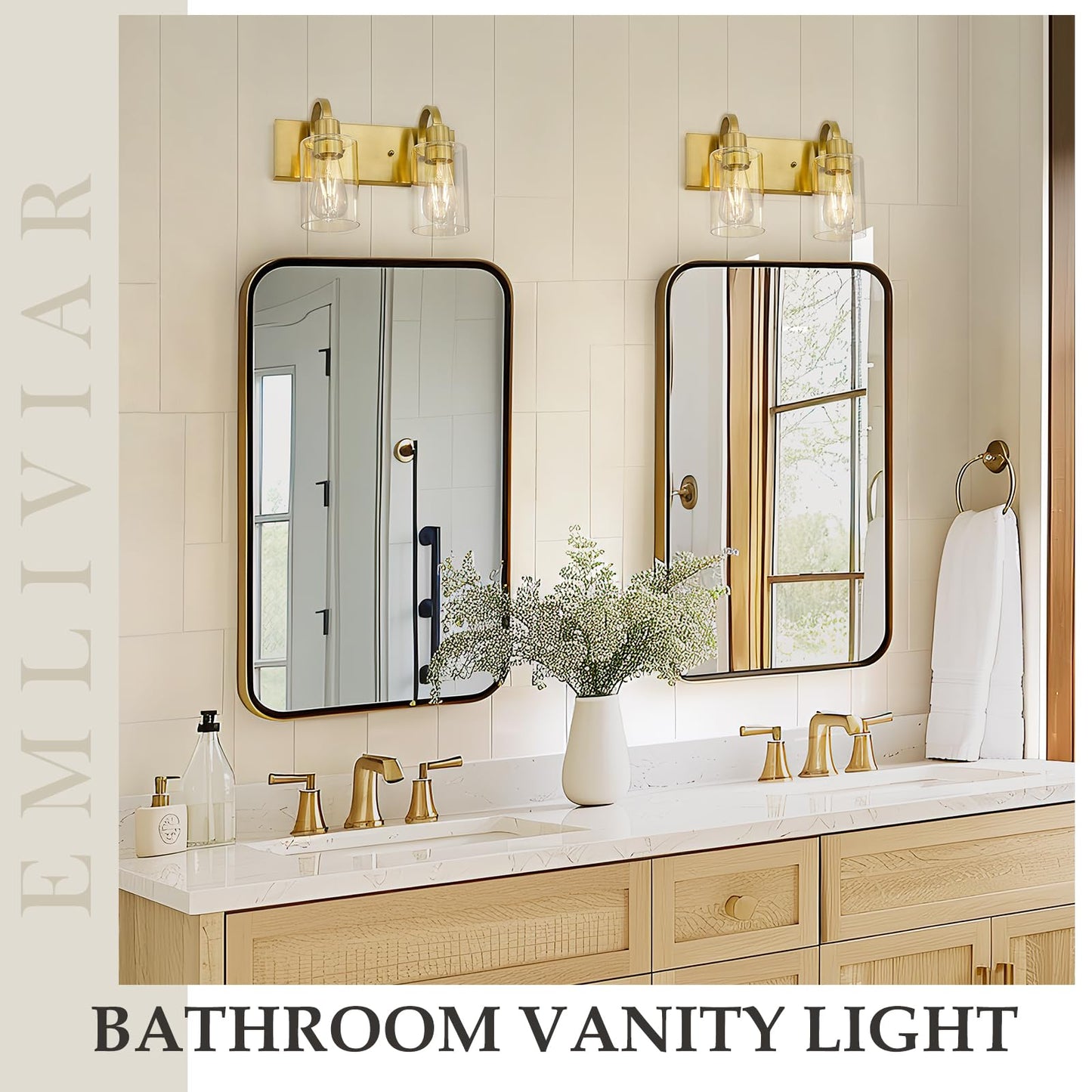Emliviar 2-Light Brushed Gold Vanity Light  Modern Farmhouse Bathroom Light Fixture  Indoor Wall Sconce Lighting For Bedroom Entryway  Yce237B-2W Bg