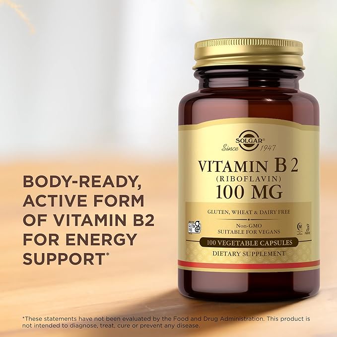 Solgar Vitamin B2 (Riboflavin) 100mg, 100 Vegetable Capsules - Energy Metabolism, Healthy Nervous System - Non-GMO, Vegan, Gluten Free, Dairy Free, Kosher, Halal - 100 Servings