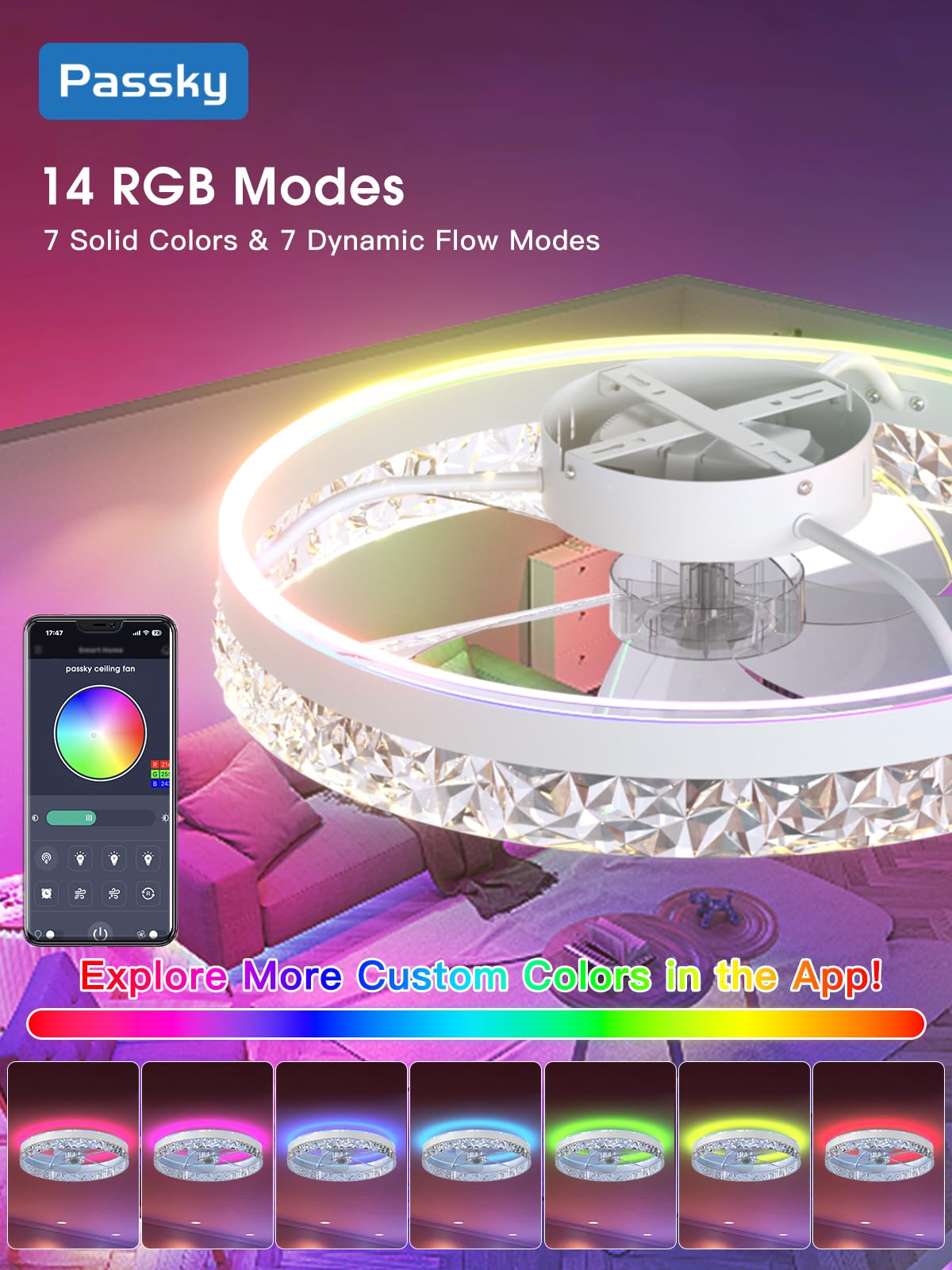 Passky RGB Flush Mount Ceiling Fan with Light, cutting edgeless, Remote Control, 19.7in , White, Model NFM0201082