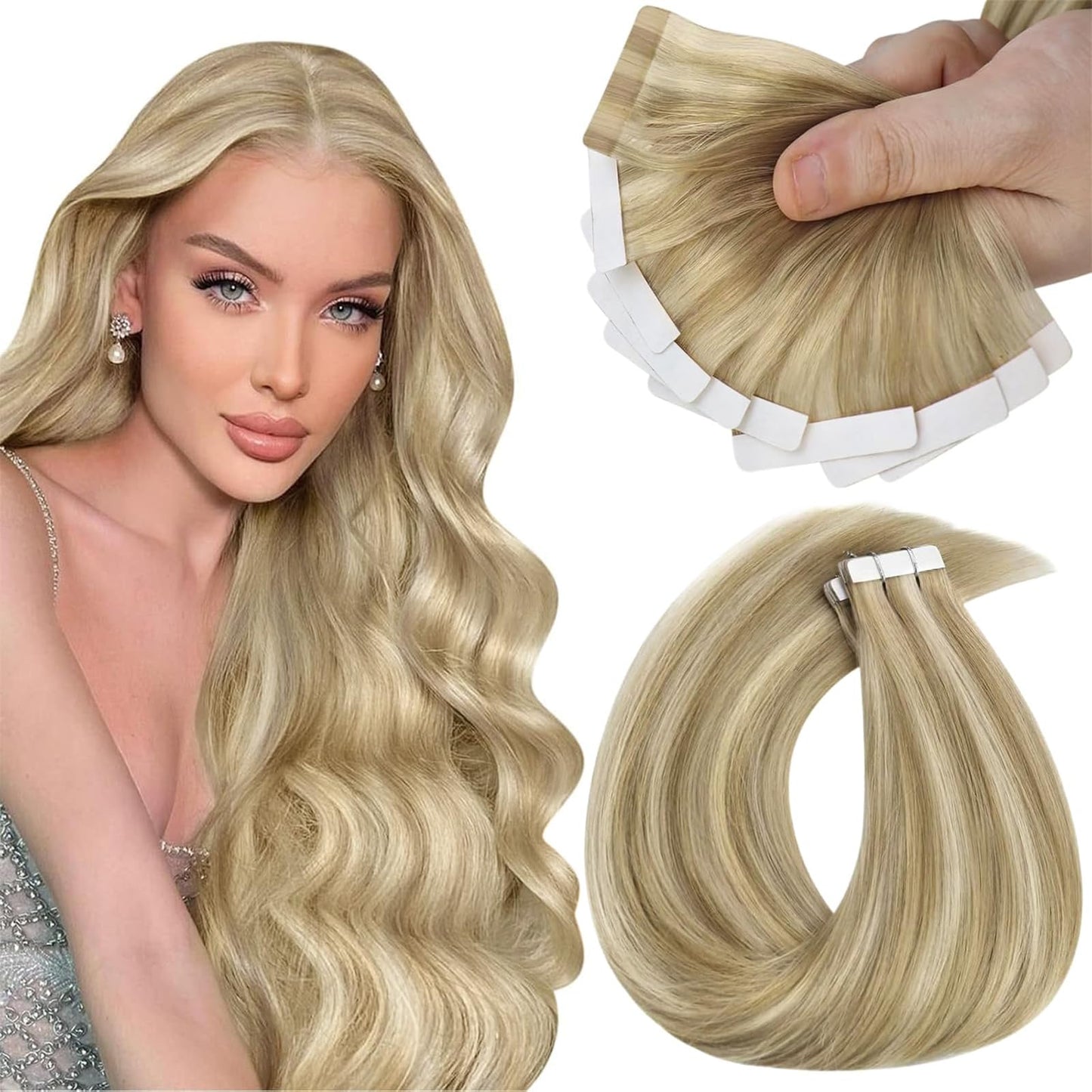 Sunny Hair Tape in Hair Extensions Real Human Hair Invisible Remy Hair Extensions Tape ins for Women Dark Honey Blonde Highlight