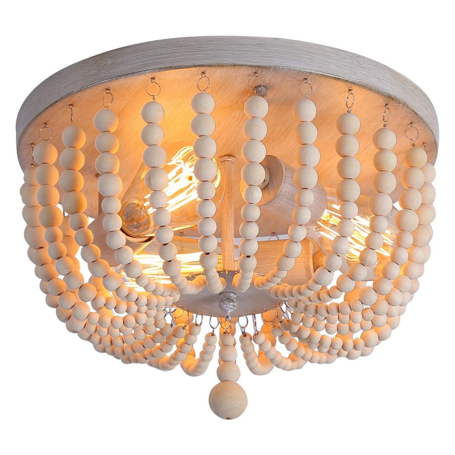 Q&S Wood Beaded Chandelier - Boho Farmhouse Light Fixture, 3 Lights, Oak White, Semi Flush Mount For Hallway, Nursery, Bedroom, Living Room