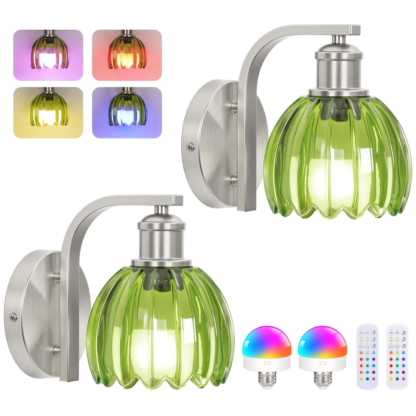 VerRon Rechargeable Battery Operated Wall Sconce Set of Two, Green Glass Lampshade, Wireless, Remote Control, 2-Pack, Brushed Nickle