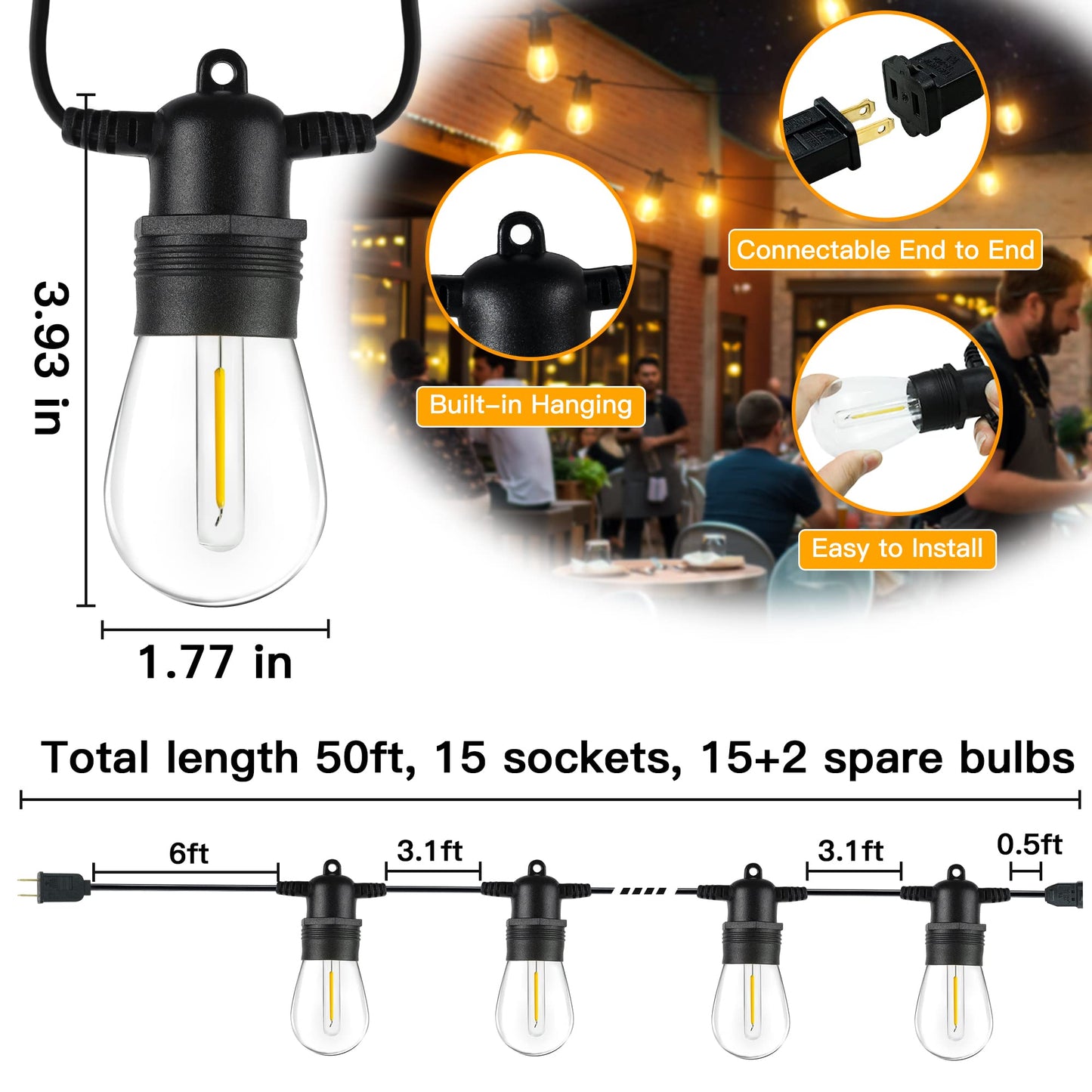 Ollny Outdoor String Lights, 50FT Waterproof Patio Lights, 15 Shatterproof Bulbs, Warm White, Model ASS14-05015-C