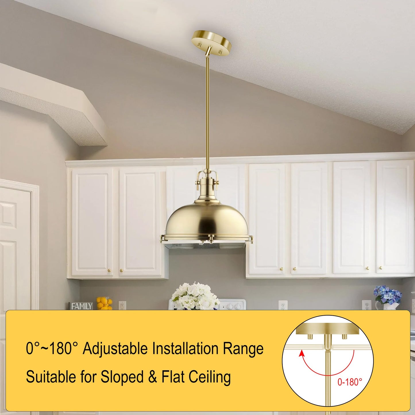M10 Threaded Extension Poles Lighting Fixture Downrods Stems & 180 Degrees Sloped Ceiling Adapter Kits For Pendant Light  Island Lighting  Chandeliers (Brass)