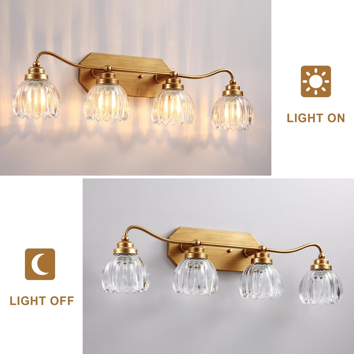 Cmnvmn Vintage Bathroom Light Fixtures  4 Light Gold Bathroom Vanity Light  Matte Antique Brass Finish With Crystal Glass Shade  Wall Sconces Lighting For Bedroom  Living Room  Hallway