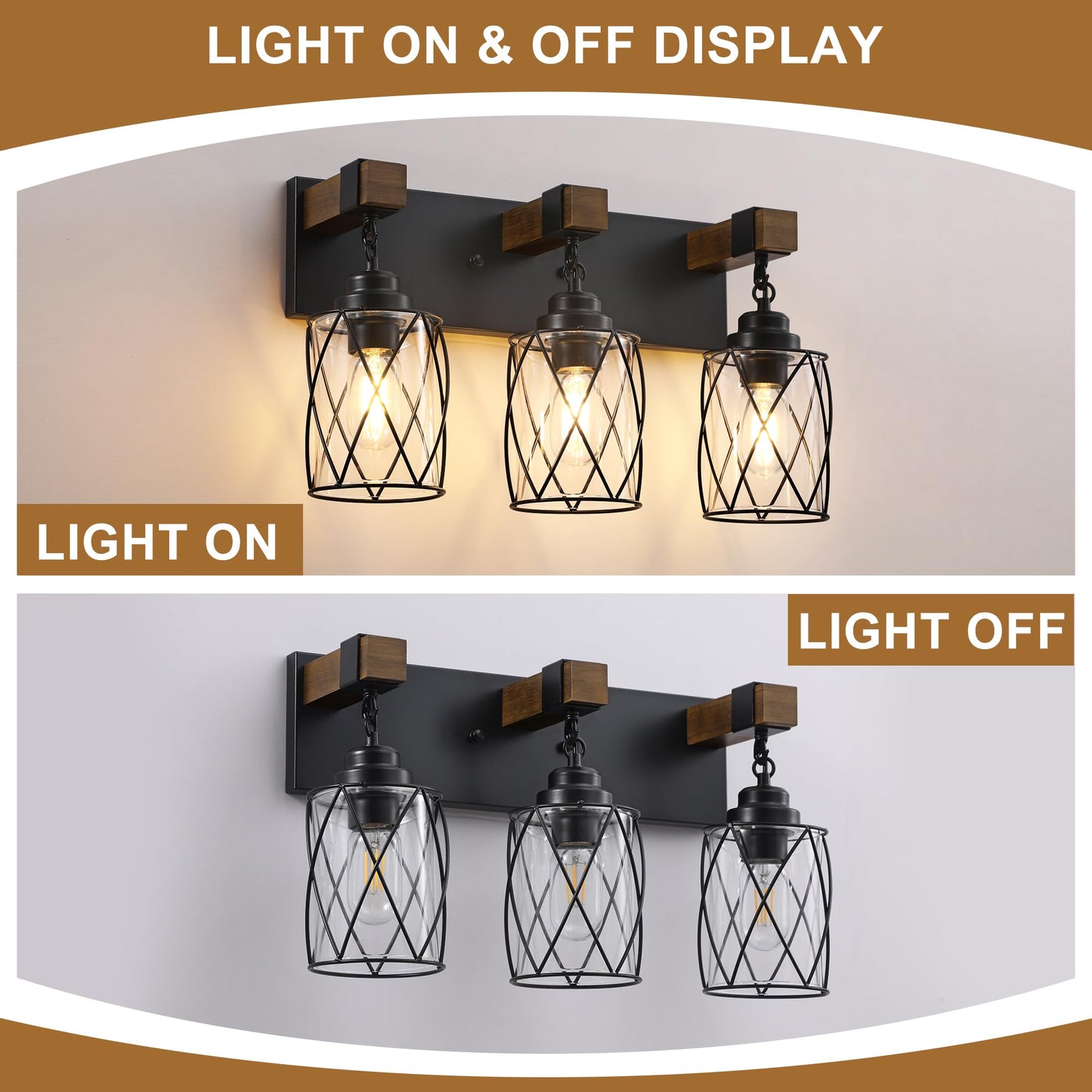 Farmhouse Bathroom Light Fixtures  3 Light Bathroom Vanity Light With Metal And Glass Lampshade  Wood Rustic Lighting Fixtures Over Mirror  Black Wall Sconces For Living Room  Bedroom
