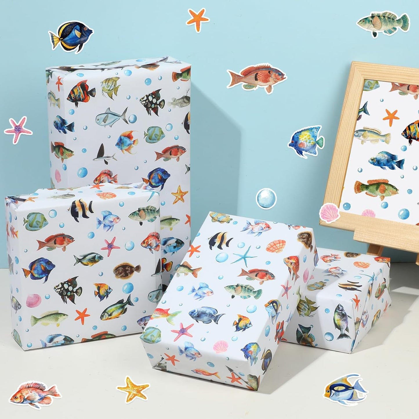 Fish Wrapping Paper Roll - Watercolor Colorful Ocean Theme Gift Wrap for Beach Parties,Birthdays,Baby Showers,17Inch x16.4Feet