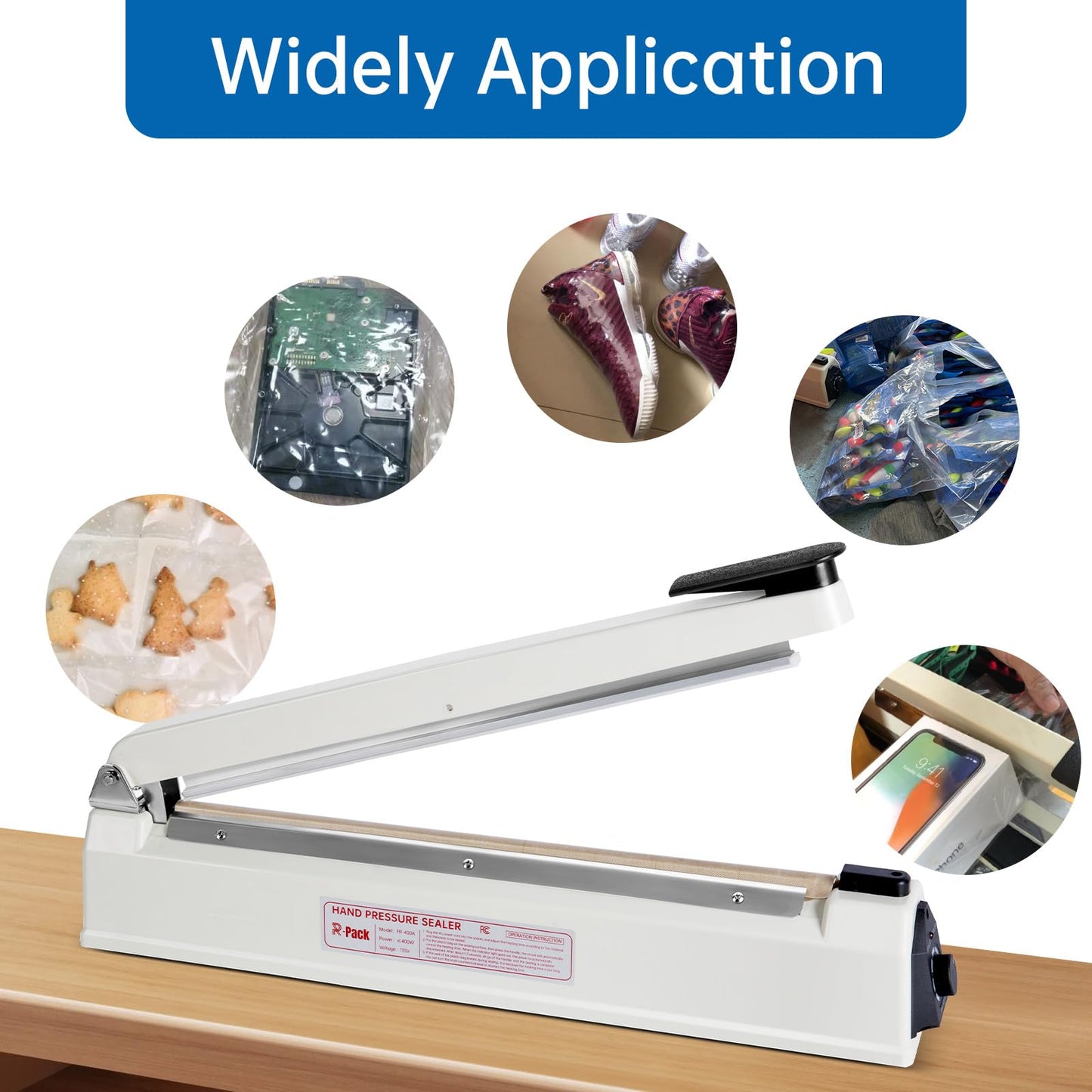 R-PACK Impulse Heat Sealer with Cutter, Heavy-Duty Bag Sealing & Cutting Machine, 2 Extra Replacements（Orange, 8inch）