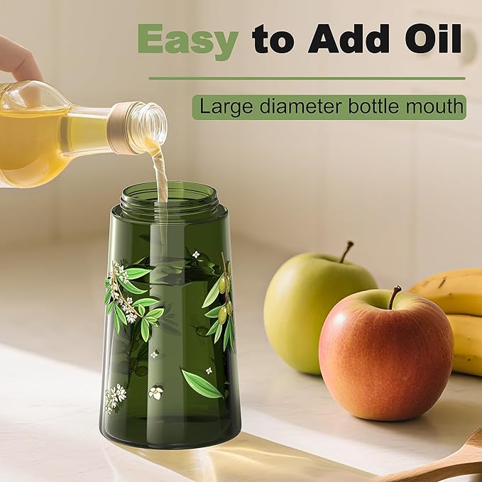 COOLMI Oil Sprayer for Cooking, 2 in 1 Olive Oil Dispenser Bottle Set for Kitchen, Food-Grade Glass Green Oil Vinegar Bottle Container - 16OZ/470ML Set of 2 (Black + Green)