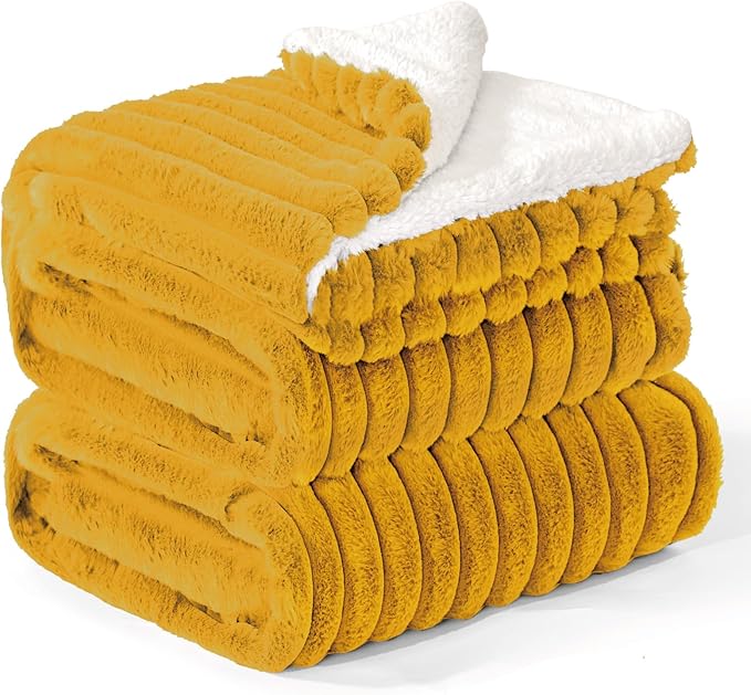 INFIIXSO Sherpa Throw Blanket for Couch - Super Soft & Warm Striped Fleece Blanket, Cozy Plush Fluffy Blanket All Season Use (Mustard Yellow, 60x80 Inches)