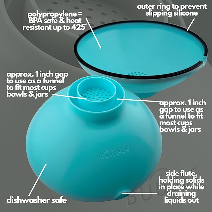 Ultimate Grease Drainer & Food Strainer (Aqua) Premium Heat-Resistant Silicone Colander for Bacon, Ground Beef, Pasta & Veggies; Fits Pans, Cans & Jars; Dishwasher Safe
