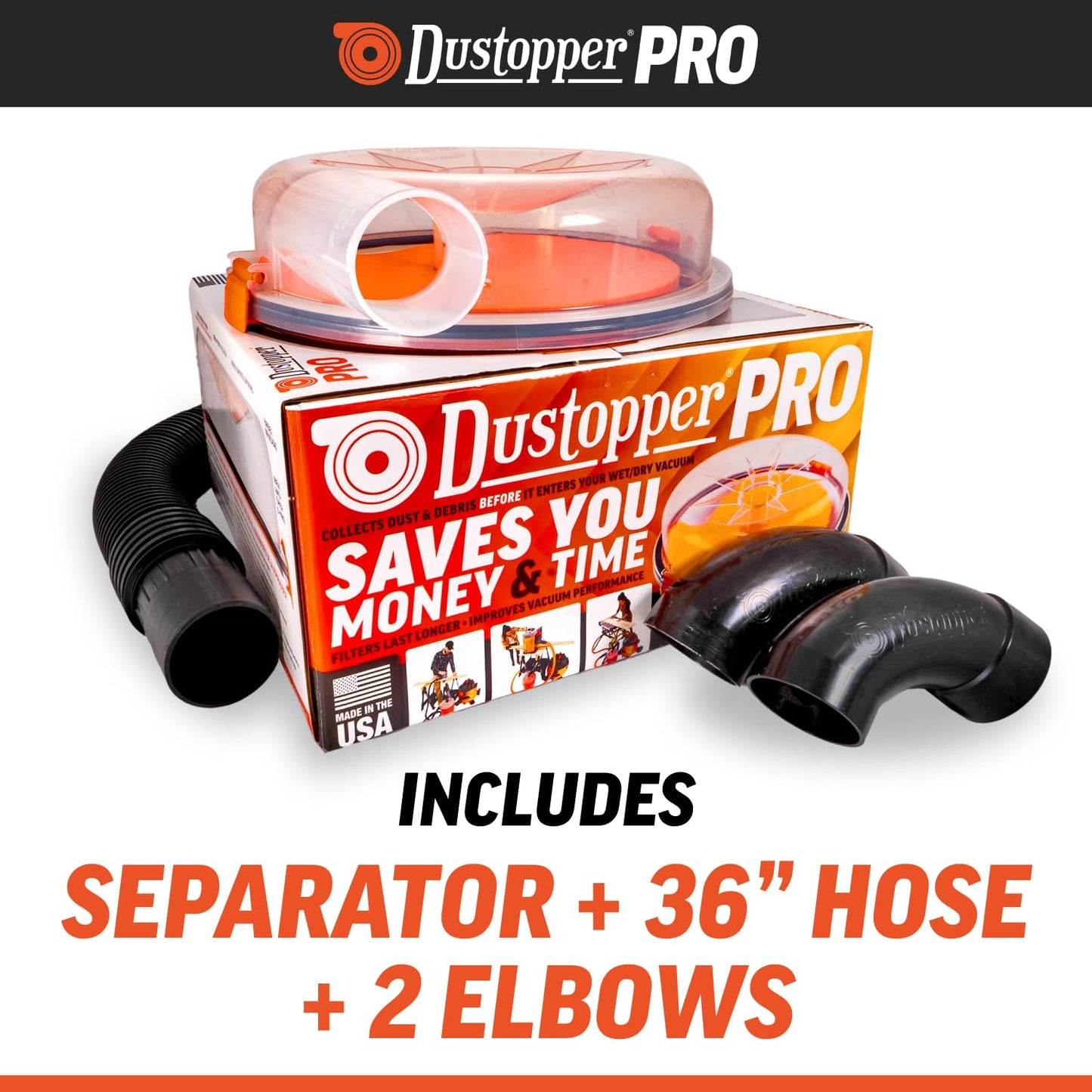 The Dustopper PRO, Low-Profile Dust Separator for Shop Wet/Dry Vacuums. Includes High-Flow 90 Degree Sweep Elbows and Connection Hose. Fits Standard 5 Gallon Buckets, Made in USA