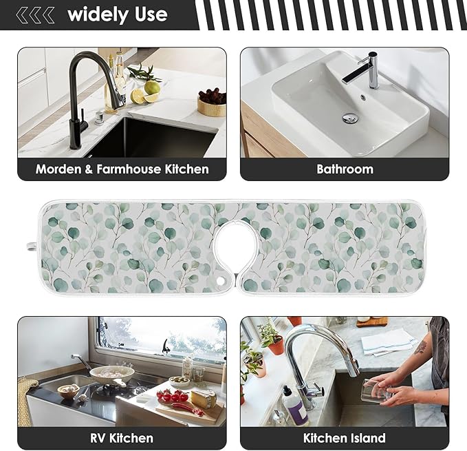 Kitchen Faucet Absorbent Mat,Flower Green Leaves Water Splash Guard for Sink, Faucet Drip Catcher Thicken Sponge Microfiber Faucet Water Catcher Mat Sink Absorbent Mat for Kitchen 23x5in 2 Pack