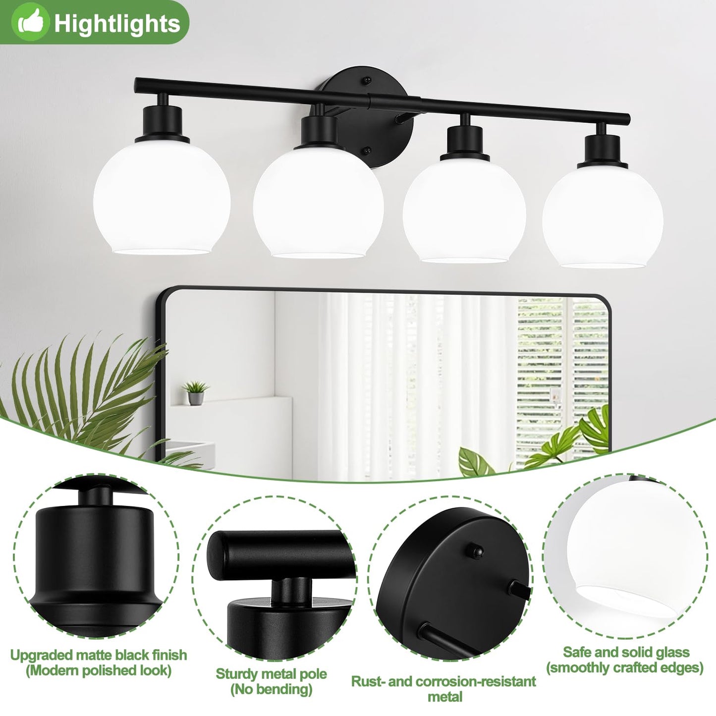 Indoi 4-Light Bathroom Light Fixtures, Black Bathroom Lights Over Mirror with Milky White Frosted Glass Globe Shade, Vanity Lights for Bathroom Kitchen Living Room Hallway Cabinet Bedroom Porch