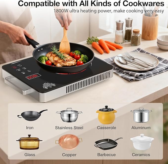 WABK 1800W Single Portable Electric Cooktop, 110V Hot Plate Countertop Burner with LCD Sensor Touch, 10 Temperature Setting, LED Display, Kids Safety Lock, Auto Shut off Function for Home Camping