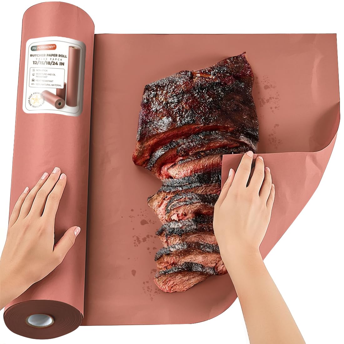 PH PERKHOMY Pink Butcher Paper Roll 18" x 1200" (100') for Smoker BBQ Grilling Smoking Meat Unbleached Uncoated Unwaxed (Pink, 18" x 100')