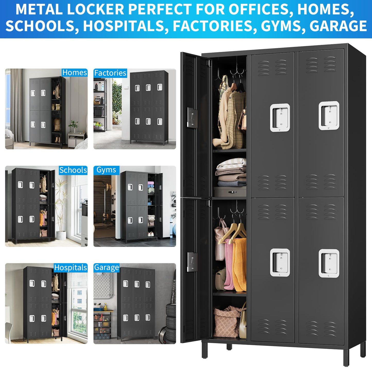PioneerWorks 6-Door Metal Storage Locker with 18 Hooks, Heavy Duty Steel Locker for Gym, School, Office, Garage, Employee Locker Room, Home Organization, Black, Assembly Required