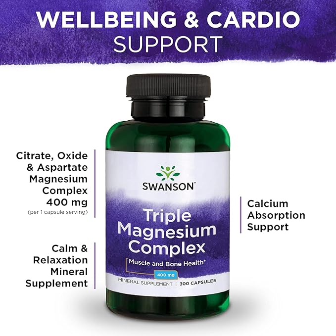 Swanson Triple Magnesium Complex - Mineral Supplement - Natural Support - Featuring Citrate, Oxide & Aspartate - (300 Capsules, 400mg Each,) (4 Pack)