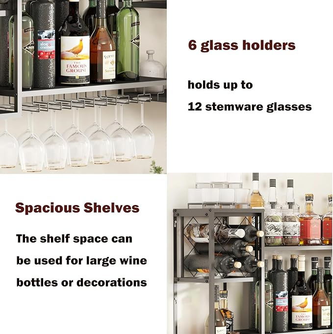 Wall Mounted Wine Rack, Multi Functional Bar Shelves for Liquor Bottles with Glass Holder, Modern Metal Bar Shelves Wall Mounted for Home Bar, Kitchen (Black, 47.3" L x 9.9" W x 23.6" H)