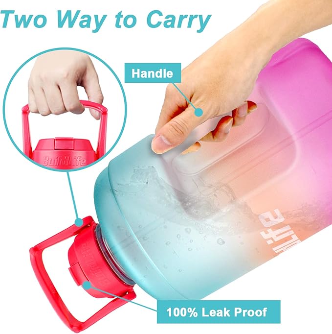 QuiFit 1 Gallon Water Bottle - with Straw & Motivational Time Marker Leak-Proof BPA Free Reusable Gym Sports Outdoor Large(128OZ) Capacity Water Jug(Green/Pink Gradient,1 Gallon)
