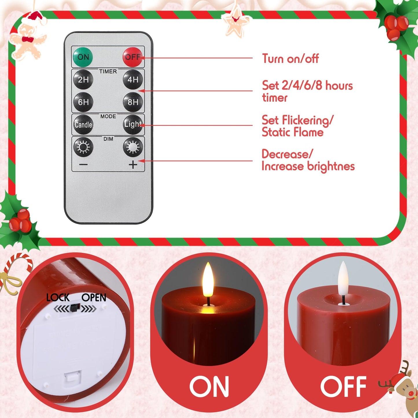 Retisee 3 Pcs Christmas Red Large Flameless LED Battery Operated Candles with Remote Xmas Pillar Flameless Flickering Candles for Indoor Outdoor Santa Party Wedding Light Decor(4''/6''/10'' x 3'')