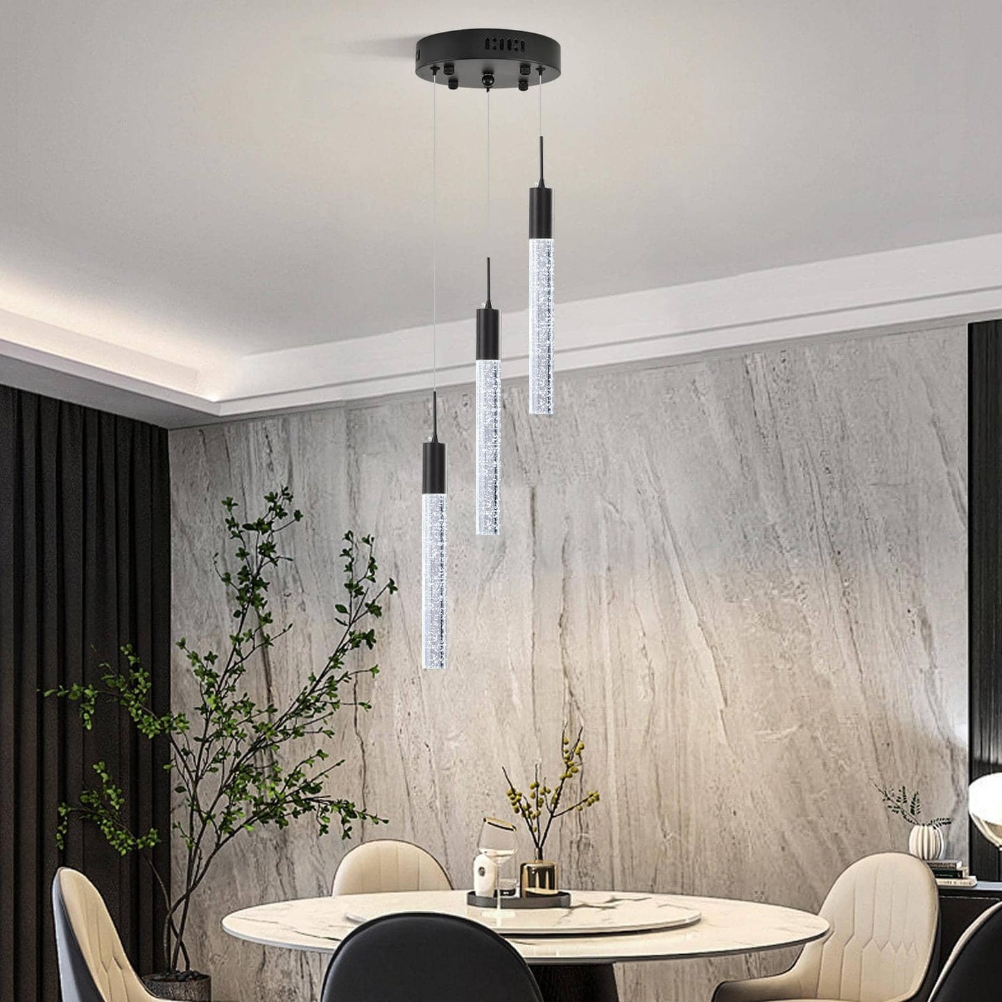 Upfelw Modern Crystal Chandelier 3-Lights  Spiral Led Raindrop Kitchen Island Pendant Lighting  Bubble Foyer Dinimg Room Hanging Light Fixture Remote Control Black
