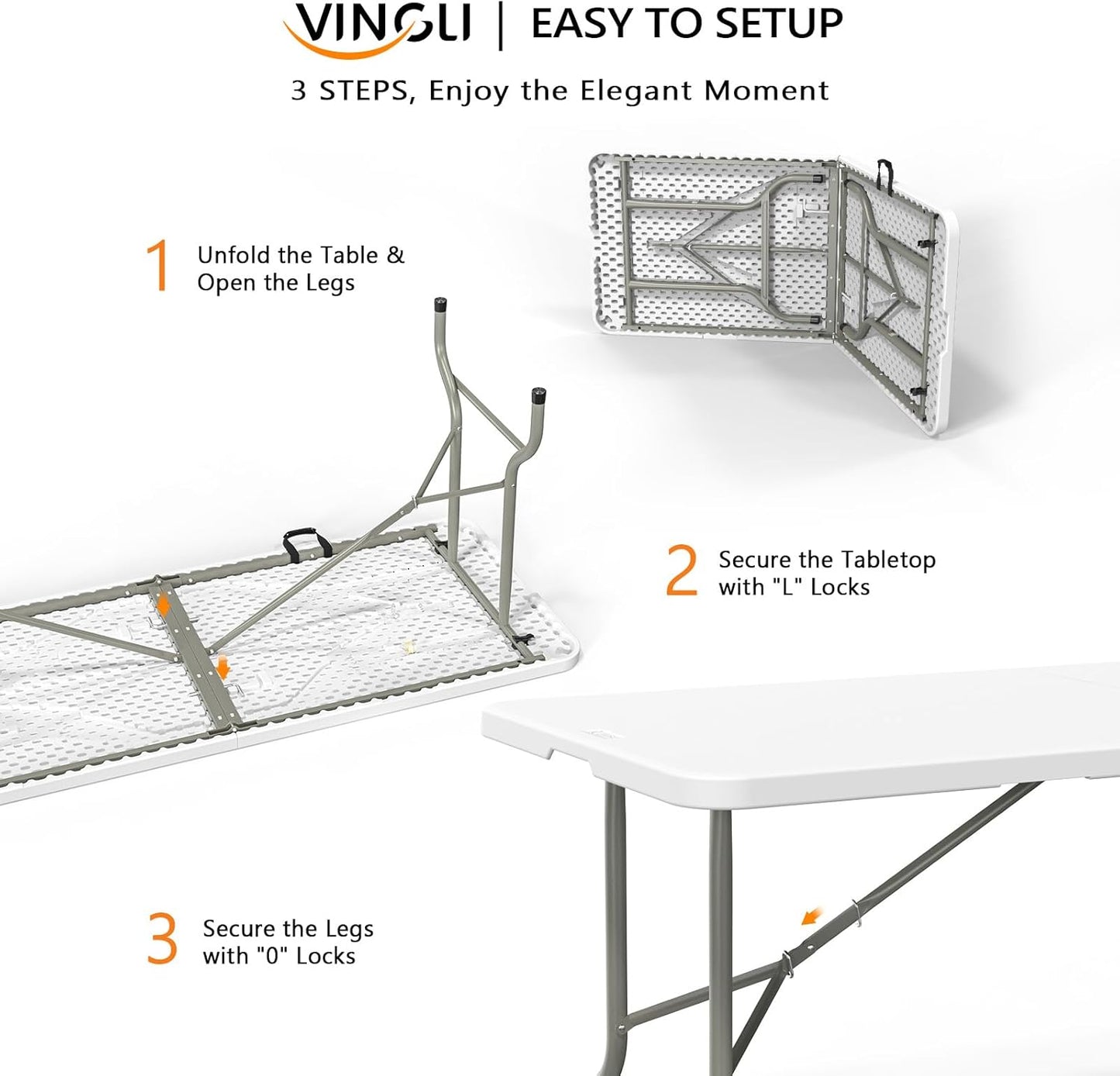 VINGLI 6 Foot Plastic Folding Table Portable Long Table for Indoor Outdoor Use Rectangular with Carrying Handle, Smooth HDPE Tabletop, White