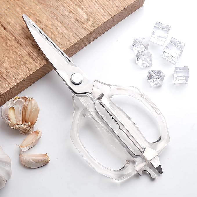 Jasni Transparent Handle Stainless Steel Sharp Powerful Kitchen Scissors Multi-Purpose Heavy Duty Food Scissors Kitchen Shears Chicken Poultry bone fish scales (White handle White blade)