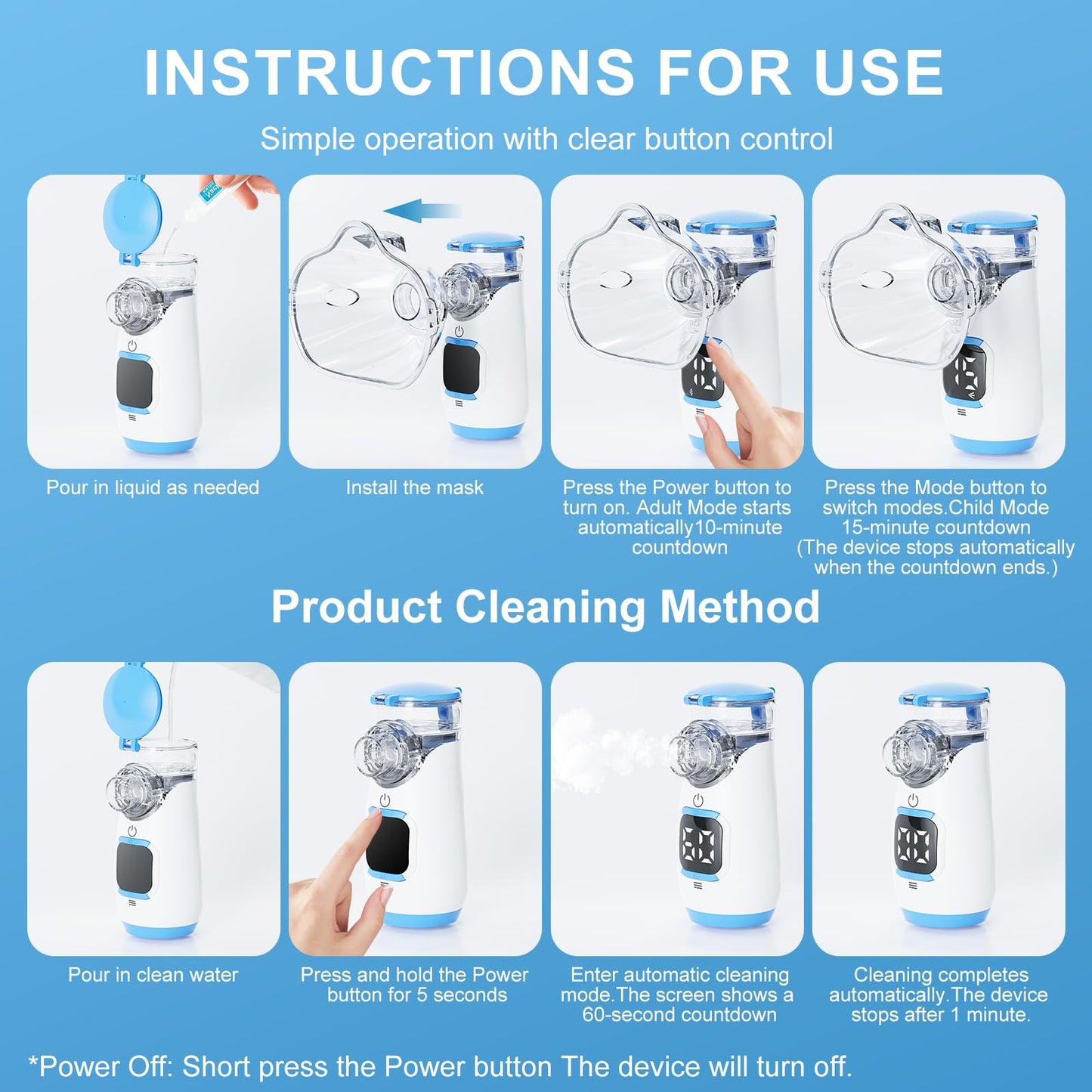 Portable Handheld Mesh Nebulizer, 2 Adjustable Mist Levels, Whisper-Quiet ≤20dB - Compact Travel Nebulizer for Adults & Kids, Home, Office Spacer (Blue)