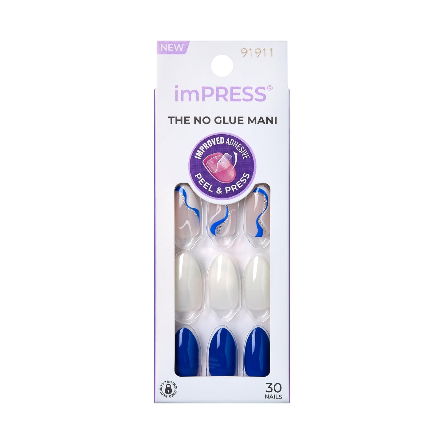 KISS imPRESS No Glue Mani Press On Nails, Design, 'Free Soul', White, Medium Size, Almond Shape, Includes 30 Nails, Prep Pad, In