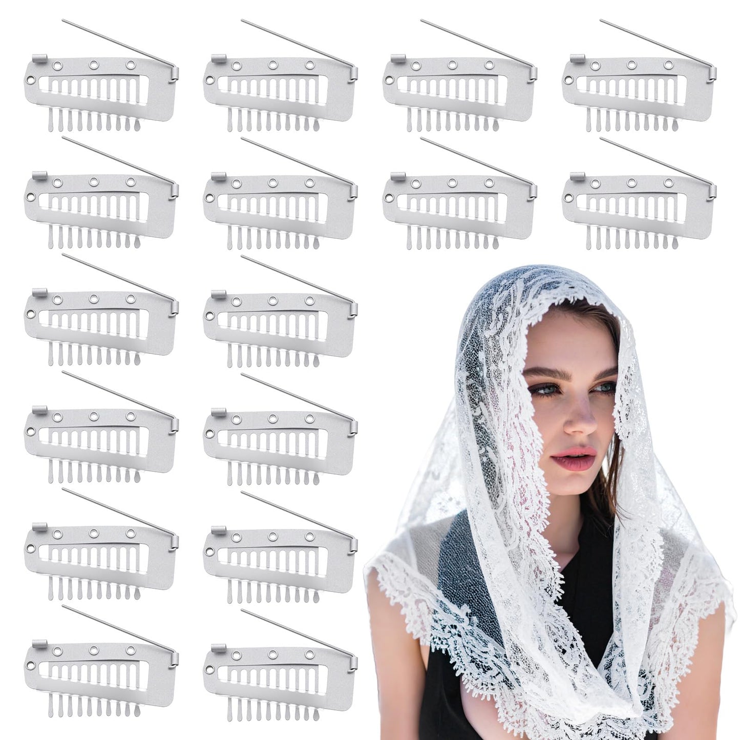 16 Pcs Chunni Clips with Safety Pins, 10-Teeth Hair Extension Snap Invisible Wig Combs No Sew, Strong Chunni Grip Dupatta Settin