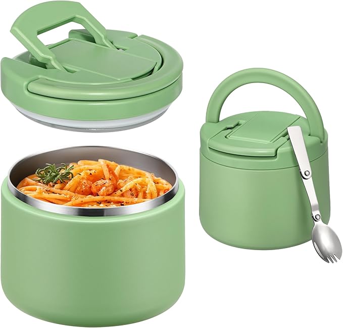 Soup Thermo for Hot Food Kids 14oz Lunch Containers with Buckle Lid Wide Mouth Hot Food Jar Vacuum Insulated Stainless Steel Bento Box Leakproof with Spoon(Green)