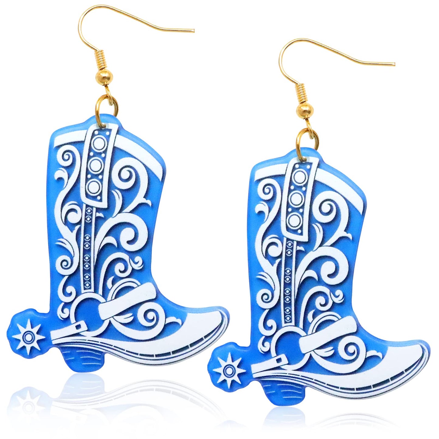 RechicGu Western West Cowgirl Texas Boots Spur Dangle Drop Earrings Rodeo Boho Fancy Dress Costume (Blue Boots)