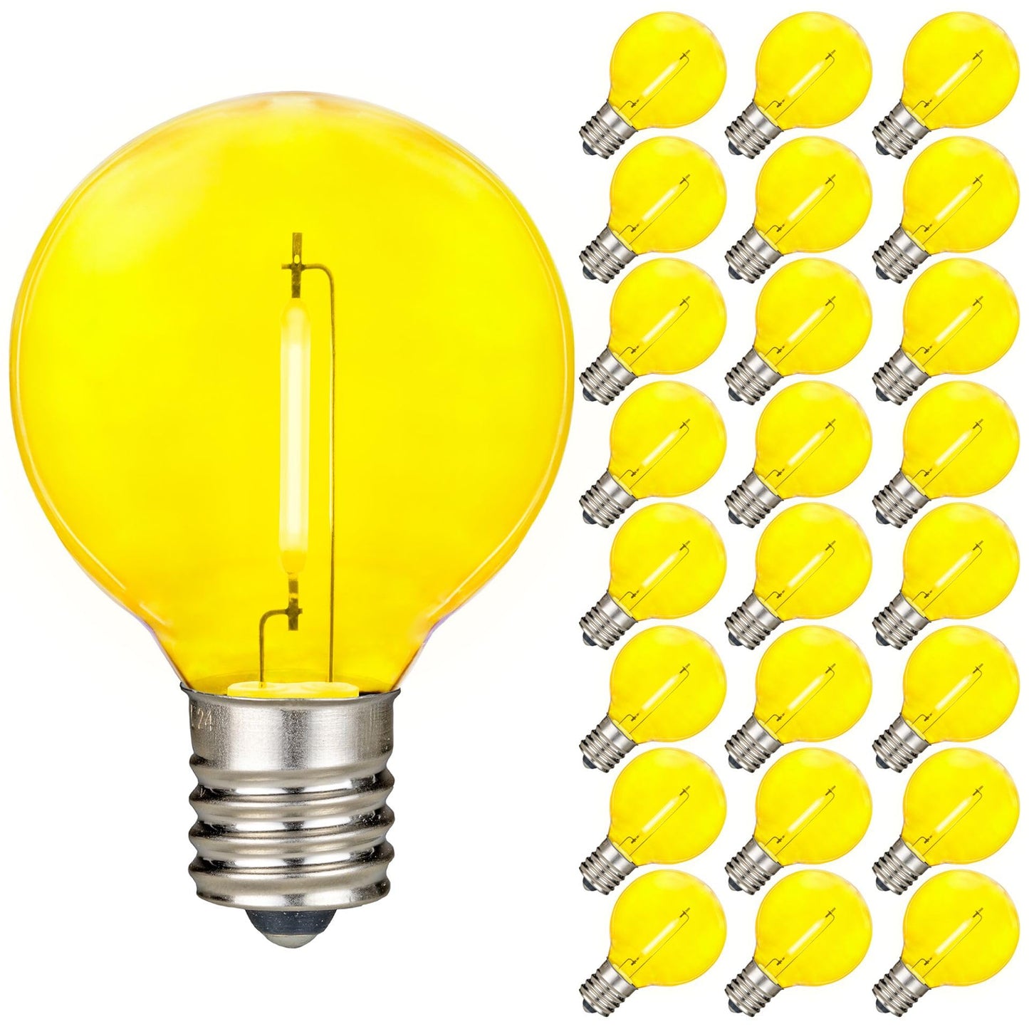 Novelty Lights 25 Pack Yellow G40 Led Filament String Light Bulbs  E12/C7 Candelabra Base  5 Watt Equivalent  Shatterproof Replacement Bulbs For Patios  Canopy Lighting