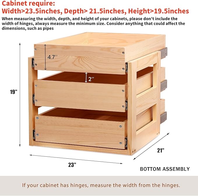 Pull Out Drawers For Cabinets, 23''W×21''D×19''H Soft Close Slide Out Wood Shelves Storage Organizer for Kitchen, 3-Tier, Finished, Heavy-Duty, Bottom Assembly