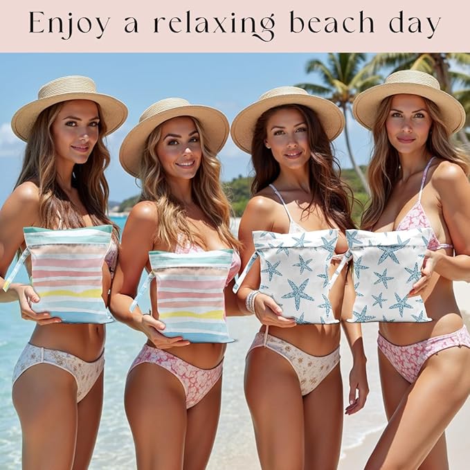 4 Pack Wet Bag for Swimsuit, Beach Travel Essentials Wet Dry Bag, for Sunscreen Toiletry Dirty Clothes Yoga Gym Diaper, Friend Summer Beach Vacation Gifts. Starfish, waves