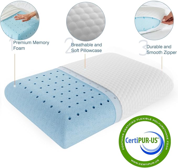 Sweetcrispy Memory Foam Pillow, Standard Size Pillows for Sleeping, Bed Pillow Soft and Comfortable, Cooling Hotel Pillow for Side Sleeper, Removable, Machine Washable Cover, 2 Pack
