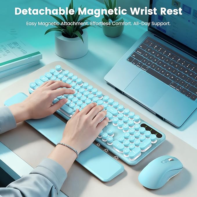 Wireless Keyboard and Mouse Combo, Backlit Round Keycaps, Retro Typewriter Keyboard with Detachable Wrist Rest, Rechargeable & Tilt Legs, 2.4GHz Cordless Connection for Windows/PC (Glowing Turquoise)