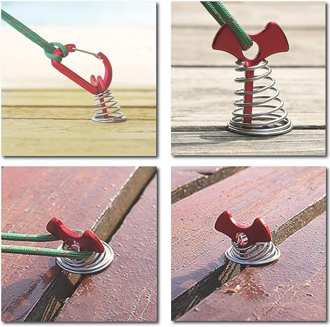TRIWONDER 6pcs Deck Plank Board Tent Stakes Aluminum Spring Anchor Fishbone Guyline Cord Adjuster Tent Pegs with Carabiners for Outdoor Camping Hiking