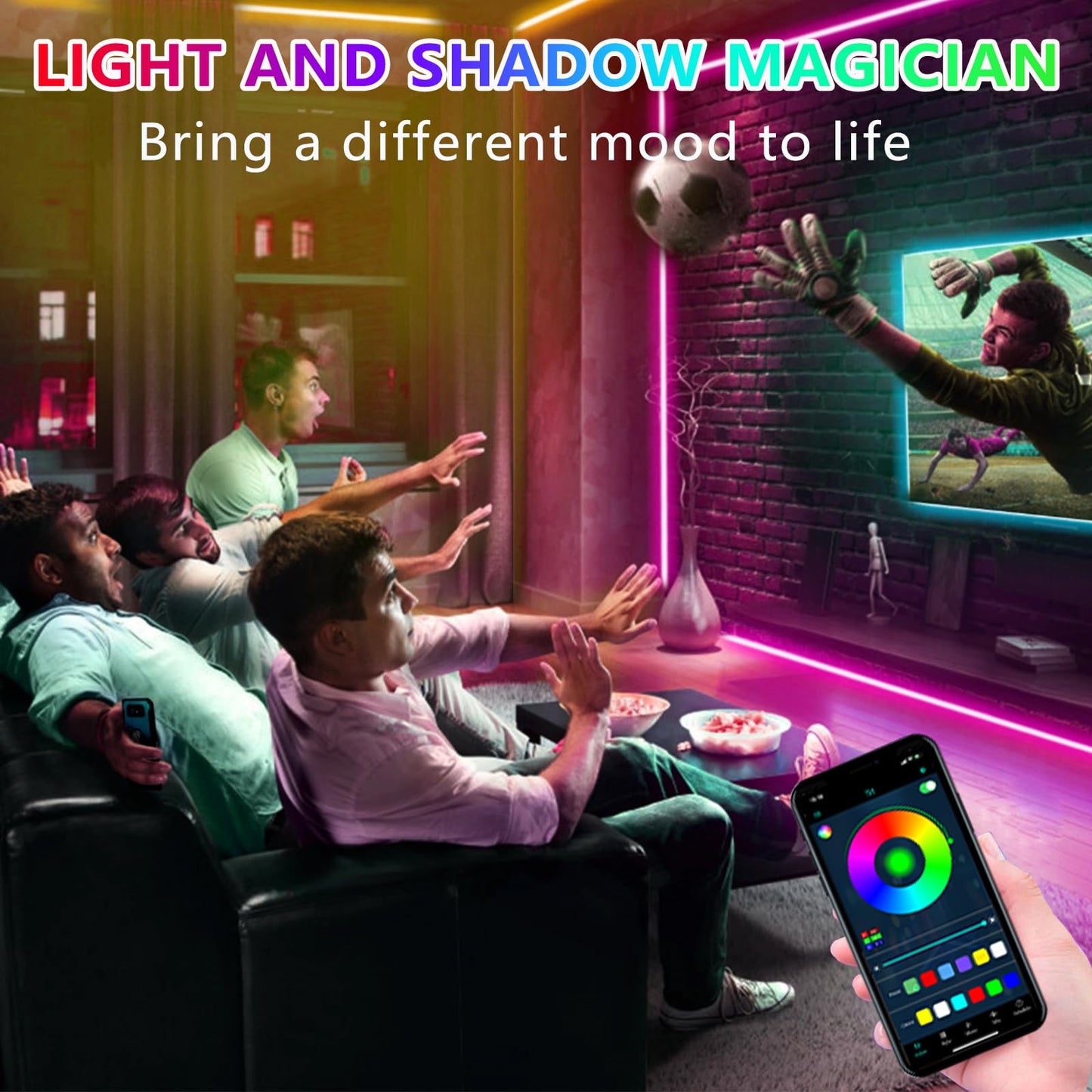 httpsmp LED TV Lights, 16.4ft RGB Backlight, Music Sync, Bluetooth/RF Remote, for 45in-75in TVs, Multicolor