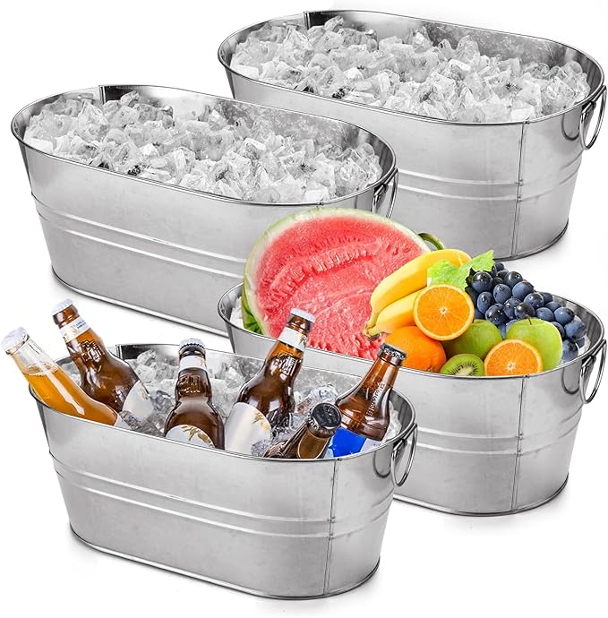 MIVIDE 4 Pack Galvanized Tub 3 Gallon Ice Bucket Large Metal Champagne Drink Bucket with Handles Galvanized Ice Buckets fo...