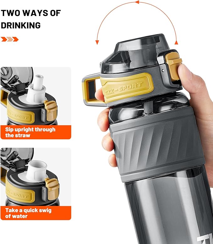 TKK 15oz Sports Water Bottles with Removable Straw Durable BPA Free Tritan Bottles Leak-Proof Water Bottles for School, Fitness, Gym, Outdoor, Grey