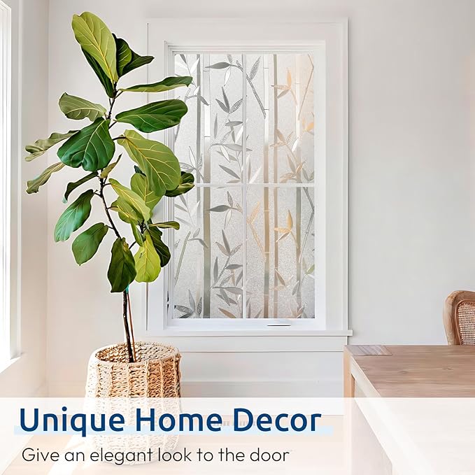 rabbitgoo Window Privacy Film Frosted Bamboo Pattern, Removable UV Blocking Stained Glass Decals Covering Decorative Window Cling for Home, 17.5 in X 6.5 Feet, Regular