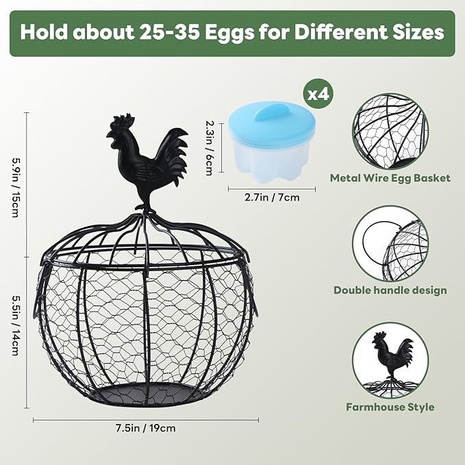 Farmhouse Rooster Egg Basket for Fresh Eggs, Black Metal Wire Egg Holder, Holds 25-35 Eggs, Rustic Kitchen Countertop Decor with Removable Lid & Handles - Bonus Set of 4 Silicone Egg Poachers
